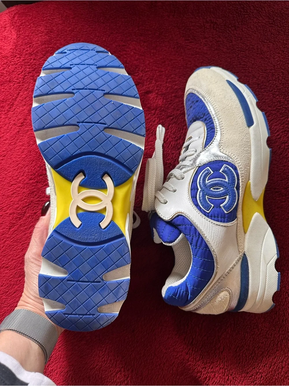 CHANEL Blue and White Quilted Logo Sneakers - Picture 2 of 7